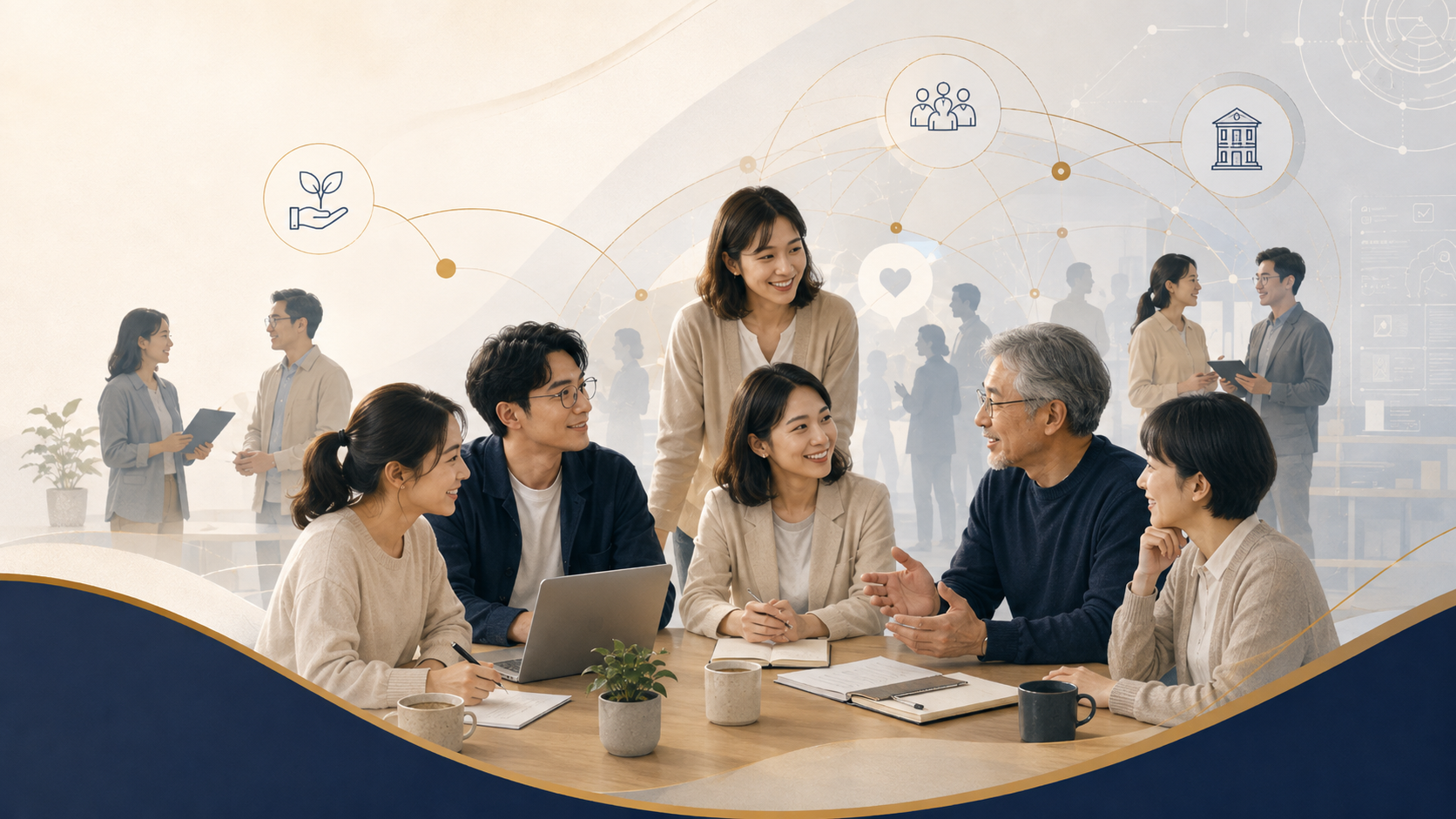 不同年齡與性別的助人工作者圍桌討論，象徵自我照顧、團隊支持與組織支持的多層次支持系統